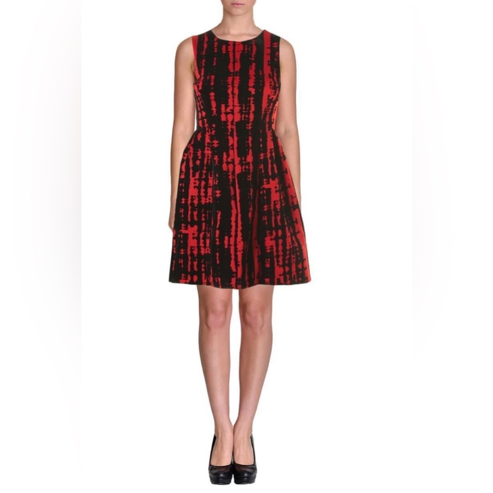Calvin Klein Red Black Velvet Sleeveless Flare Party Dress Size 14